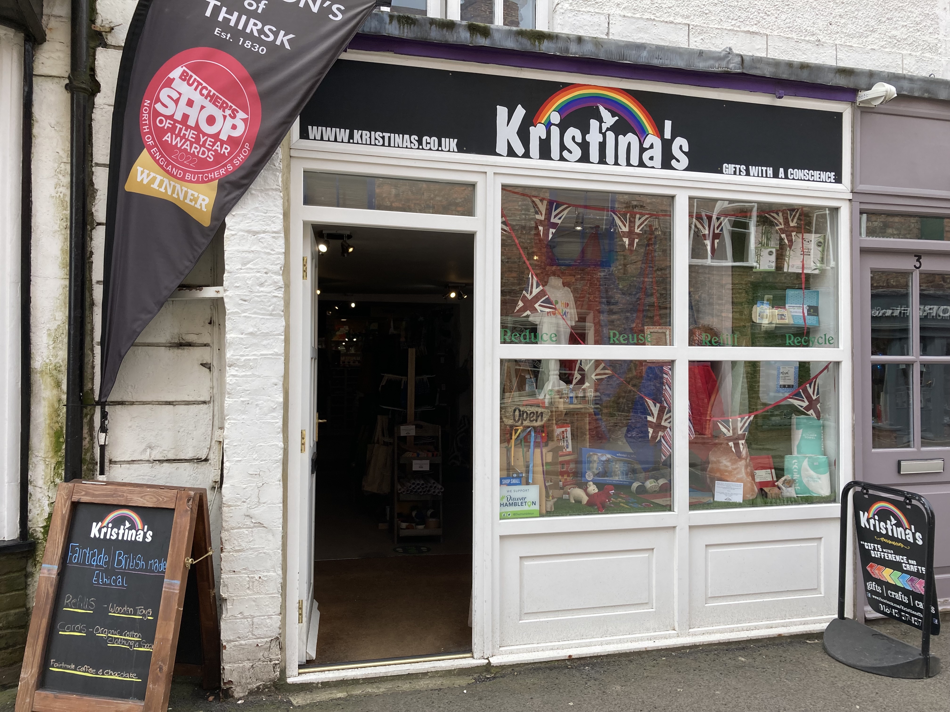 Kristina's is the place to find all of your ethical shopping in Thirsk. We try our very best to offer a wide range of ethical products from children's clothing to laundry liquid. Our ranges include Organic cotton baby and children's clothing, Wooden toys, greetings cards, gifts, homewares, green living products refills and more.